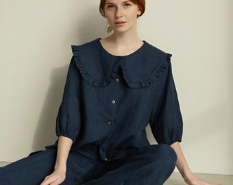 Jean Linen Blouse with Peter Pan Collar MARTA, Medium Sleeves, Loose Fit, Smart Casual Linen Dark Blue Denim Shirt for Women