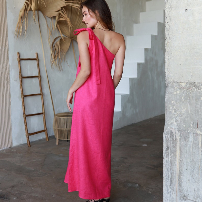 Back view linen one shoulder maxi dress