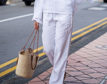 White Linen Straight Ankle Pull On Women Pants JULY, Elegant Long High Waist Linen Summer Trousers for Women