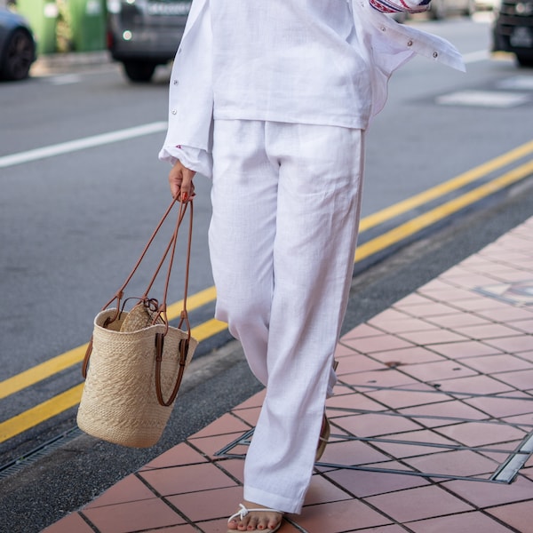 Witte linnen rechte enkel pull-on damesbroek JULY, elegante lange linnen zomerbroek met hoge taille voor dames