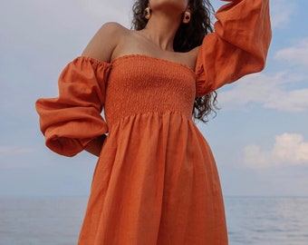 Orange Linen Off The Shoulder Midi Dress OLENA, Special Occasions Off Shoulder Linen Dress, Wedding Guest Dress