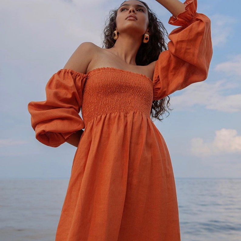 Orange linen off the shoulder midi dress