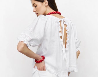 IRIS White Linen Summer Top for Women with Short Sleeves, Lace Details and Open Back, Smart Casual Linen Summer Blouse