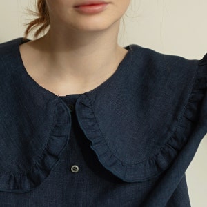 Jean Linen Blouse with Peter Pan Collar MARTA, Medium Sleeves, Loose Fit, Smart Casual Linen Dark Blue Denim Shirt for Women image 5