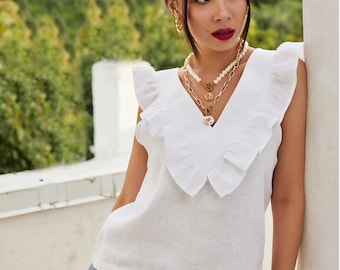 White Summer Linen Sleeveless Top JULIA with V-Neck and Frilled Details, Linen Smart Casual Blouse for women