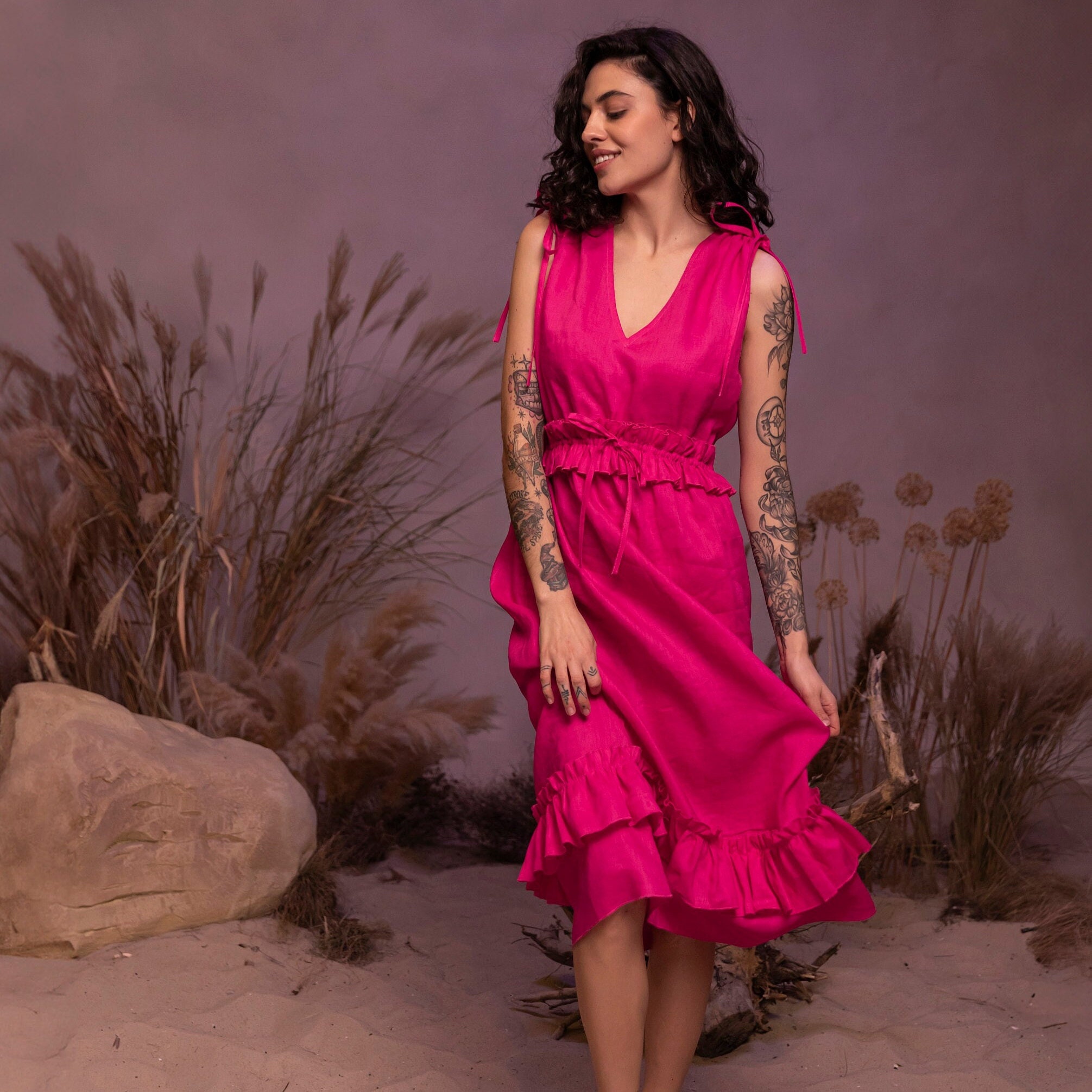 Fuchsia Midi Dress Etsy UK