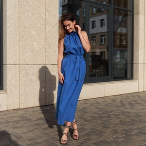 Halter Neck Cobalt Blue Linen Maxi Dress SEVILLE, Linen Special Event Gown, Gala Evening Dress