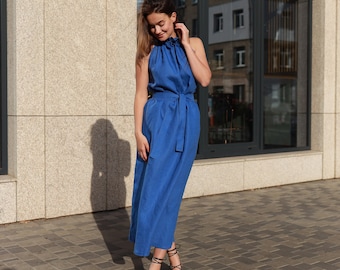 SEVILLE  Halter Neck Cobalt Blue Linen Maxi Dress, Linen Special Event Gown, Gala Evening Dress