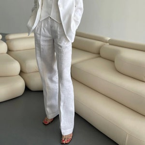 Linen Wide Leg White Palazzo Women Pants, Pleated, Straight, Elegant Linen Trousers with Pockets for Women