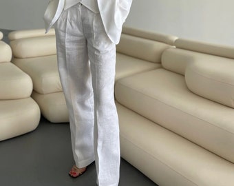 Linen Wide Leg White Palazzo Women Pants, Pleated, Straight, Elegant Linen Trousers with Pockets for Women