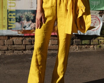 JULY – pantalon droit moutarde en lin pour femmes, pantalon d'été élégant, Long, taille haute, en lin, à enfiler à la cheville, pour femmes