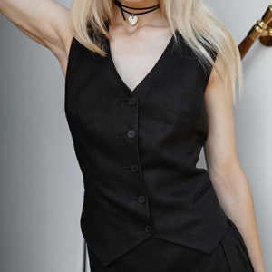 Schwarze Leinen Weste für Frauen, ärmelloses Leinen Damen Smart Weste Top, V-Ausschnitt Leinen elegantes Top für Frauen