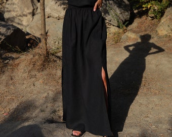 Long Linen Black Skirt EKKA with Side Splits and Pockets, Smart Casual Linen Maxi Skirt with Pockets, Comfy, Flowy Black Linen Long Skirt