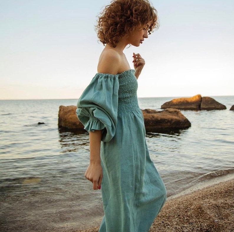 Cyan linen off the shoulder dress