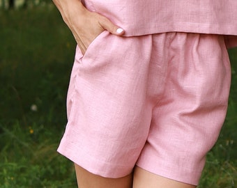 Linen Dusty Pink Mid Waist Shorts for Women JUNE with Side Pockets, Linen Women Everyday Shorts, Lounge Short for Women