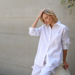 White Linen Oversized Women Shirt, Boyfriend Women Loose Linen Blouse, Long Sleeves Loose Fit Linen Shirt for Women