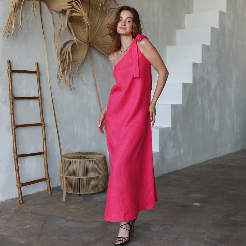 Long linen one shoulder fuchsia dress