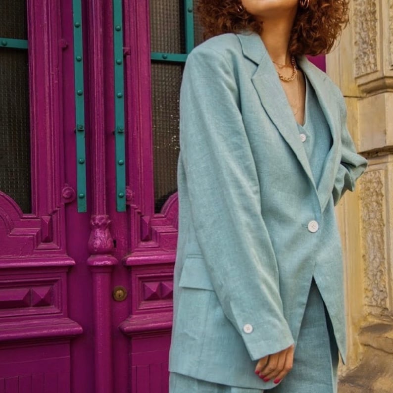 Women linen blazer in cyan