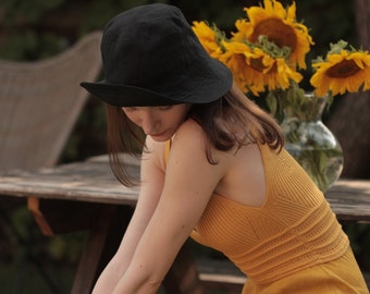 Black Linen Hat, Unisex Bucket Hat, Linen Sun Panama Hat for Beach and Picnic