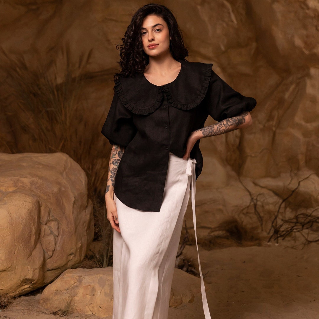 Black Linen Blouse With Peter Pan Collar MARTA, Medium Sleeves, Loose — free download