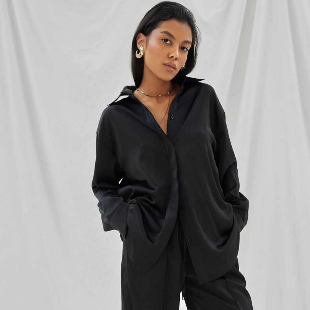 Silk Satin Oversized Black Women Suit, Silk Satin Luxe Lounge Shirt and ...