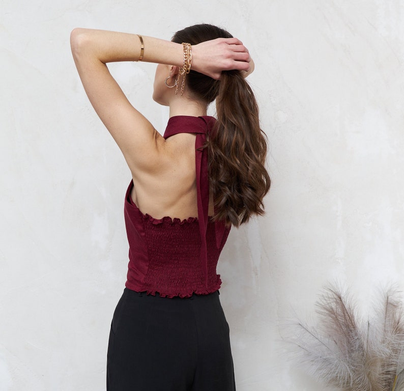 Back view linen halter neck garnet top