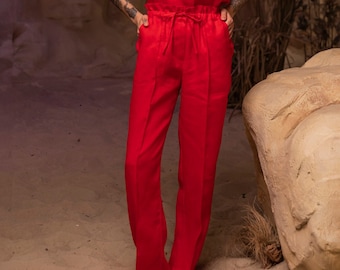 Wide Leg  Red Linen Women Pants with Drawstring AUGUST, Pull On Pants with Pockets, Smart Casual Linen Trousers for Women