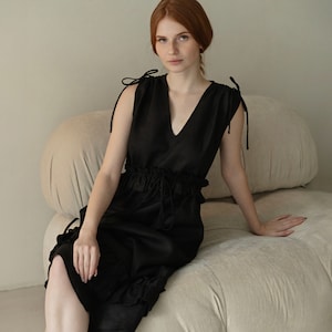 Black Linen Midi Dress with V Neck and Frills, Linen Summer Sleeveless Dress for Special Occasion