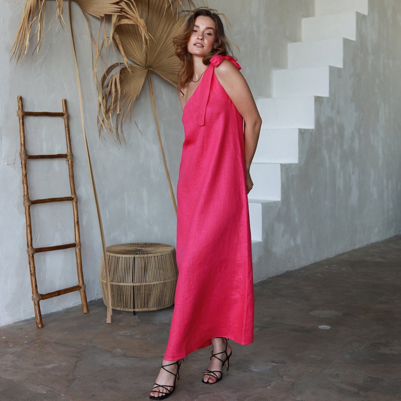 Fuchsia linen one shoulder maxi dress for special occasion