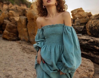 Linen Off The Shoulder Cyan Midi Dress OLENA ,Special Occasions Off Shoulder Linen Dress, Wedding Guest Dress