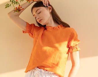 ANA Orange Linen Top for Women with Short Puffed Sleeves, Linen Summer Smart Casual Blouse for Women