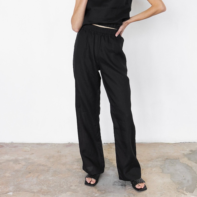 Black linen high rise women trousers