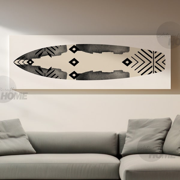 Surfboard Panoramic Canvas Wall Art Beach Decor, Minimalist Graphic Black Beige Surf, Bedroom Above Bed, Livingroom Large Print, Shipped Art