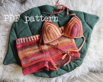 Crochet shorts and bikini top pattern, PDF File, Instant Download, Easy, beginner patterns, cottagecore summer mini low waist shorts