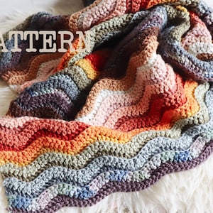 Op de afbeelding: Een kleurrijke, handgemaakte gehaakte deken met een golvend patroon. De deken heeft een spectrum aan kleuren, waaronder rood, oranje, geel, groen, blauw en paars. Het woord "PATTERN" wordt weergegeven in witte blokletters.