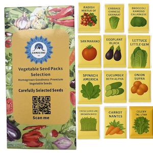 Op de afbeelding: Een selectie van groentezaadzakjes, waaronder radijs, kool, broccoli, tomaat, aubergine, sla, spinazie, komkommer, ui, wortel en selderij. De verpakking toont de tekst "Vegetable Seed Packs Selection" en "Carefully Selected Seeds."