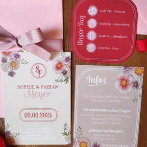 Einladungskarte "Pink & Red" - Hochzeitseinladungskarten, Papeterie, 3-teiliges Set mit Umschlag und Schleife