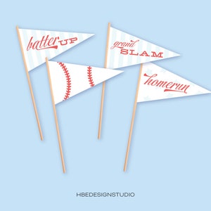 May include: Four pennant flags with baseball-themed designs. The flags are white with red text and a blue and white striped pattern. The text on the flags reads "batter up", "grand slam", "homerun", and a baseball with red stitching.