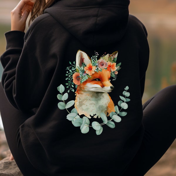 Fuchs Hoodie | Kapuzenpullover mit Fuchs | Femininer Hoodie | Fuchs mit Blumen | Waldtiere Hoodie