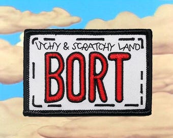 Simpsons Bort License Plate - Itchy & Scratchy Land - Ruck Morale Patch - Embroidered 2x3 Hook and Loop
