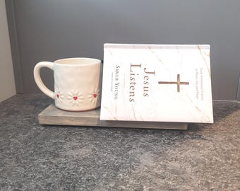 Handmade wooden Book Placeholder with Coaster for coffee, candle, tea, cell, kindle, I pad slot/ Nightstand End Table, Gift for book Lovers