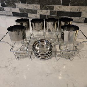 Rare Dorothy Thorpe Silver Fade Tumbler Glasses Set of 6 Chrome Carrier/Four coaster/ MCM Dorothy Thorpe Vintage Bar/1960