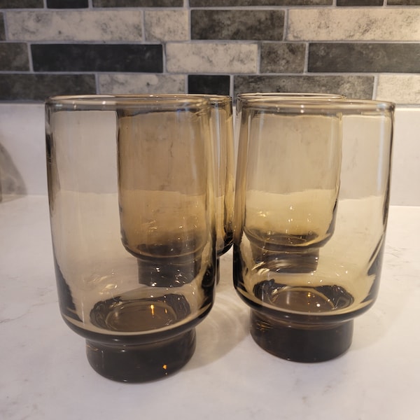 1970s Libbey Tawny glasses/Smokey Brown Glass/ Footed/ Beverage/High Ball/Water/juice/ Cocktail/MCM/Set of 4/Made in USA