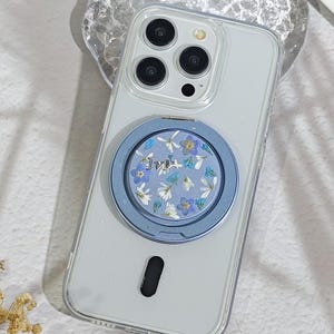 Magnetic pressed flower circular ring phone grip for all angles,custom name phone grip,metal foldable phone holder,vertical or horizontal