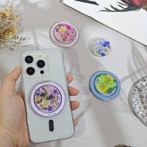 Detachable round ring pressed flower MagSafe phone grip for all angles,custom name phone grip,metal foldable phone holder,multifunctional