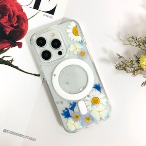 Pressed Real Daisy Flower Phone Case White Magnetic Magsafe for Google Pixel 8A 9A,iPhone 13 14 15 16e Pro,Samsung S25 Edge S24 A06 A16 case