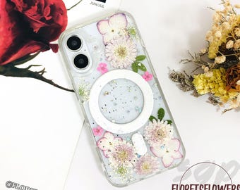 Pressed Flower Phone Case with Glitter for iPhone Air 17e 16 15 14 13 Pro Max,Samsung S26 Ultra S25 A55 Z Flip8,Google pixel 10A 11 Pro XL