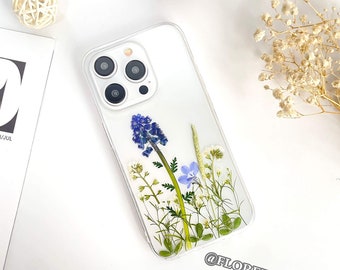 Natural blue yellow pressed flower phone case for iPhone 15 Pro Max 13 Pro,Samsung S24 Ultra S24 Ultra A34 case,Google Pixel 8 Pro 7A
