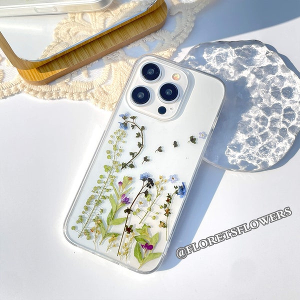 Lila kleine Blume gepresste Blumen Handyhülle für iPhone 15 Pro Max 14, Samsung S24 Ultra S23 Ultra A53 Hülle, Google Pixel 7 Pro Hülle