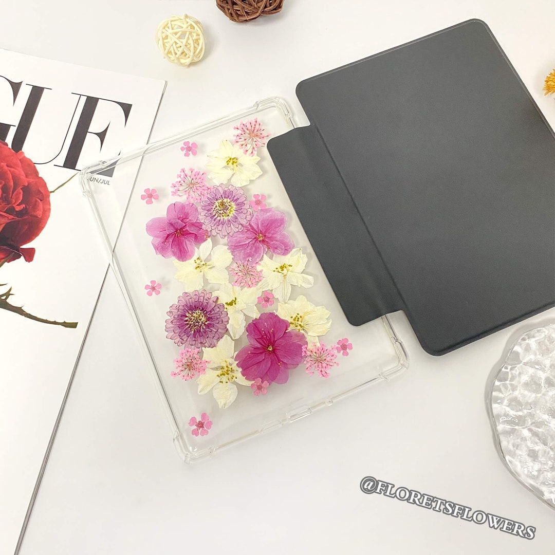 Pressed Pink Flowers Black Kindle Case With Hand Strap for Paperwhite ...